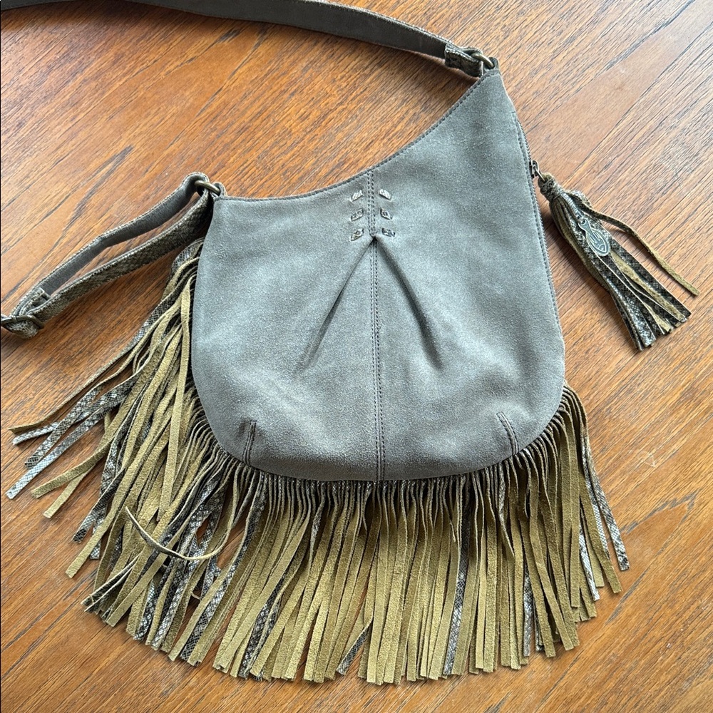 MUXO by Camila Alves Leather Corssbody Bag in Taupe w/Snakeskin Trim